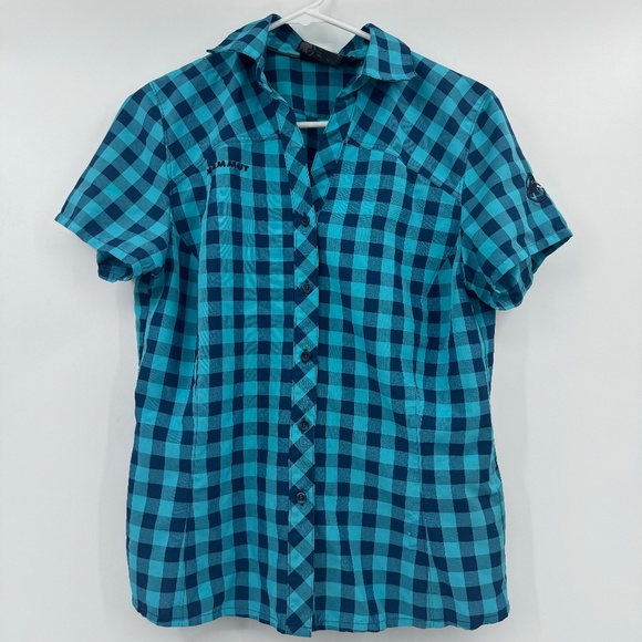 Mammut Top Women Medium Blue Plaid Check Button Up Short Sleeves Lightweight - Picture 1 of 10